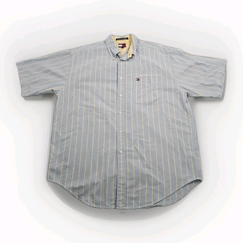 Tommy Hilfiger Short Sleeve Button Up Oxford Shirt Men L Blue Stripe Embroidered